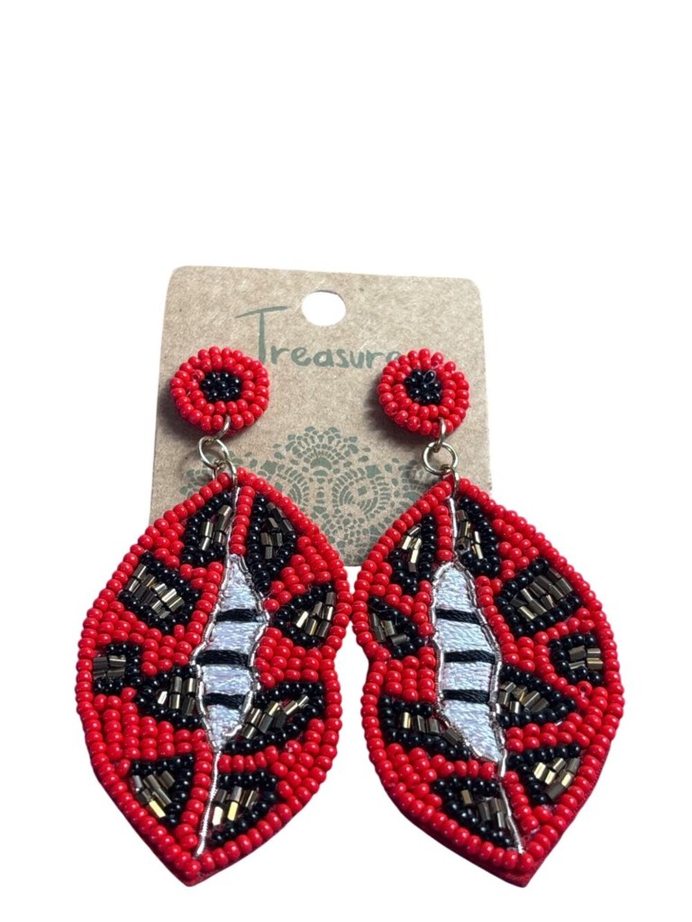 Treasure Lips Novelty Dangle Earrings Seed Beads Leopard Print 3 inches New